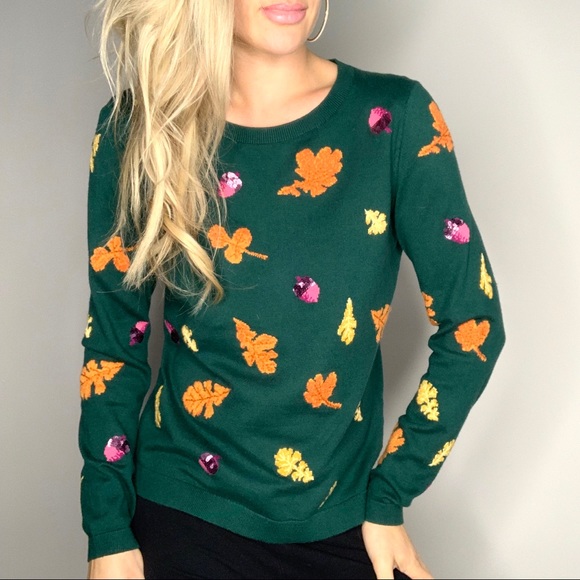 Talbots Sweaters - Talbots Green Leaf & Acorn Sweater Pink Sequins S